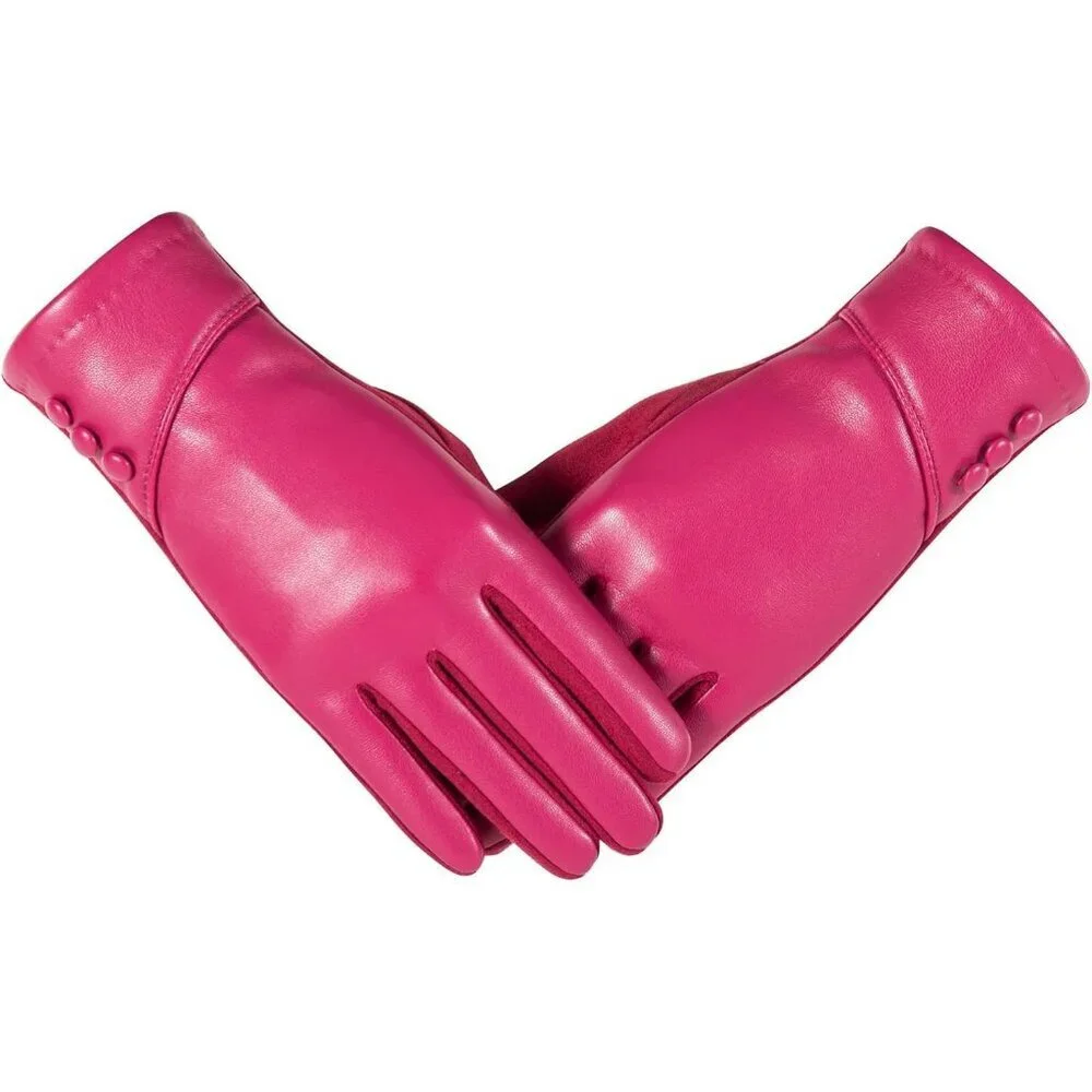 Women's Rose Red Winter Leather Suede Gloves Wool Lined Windproof Touchscreen